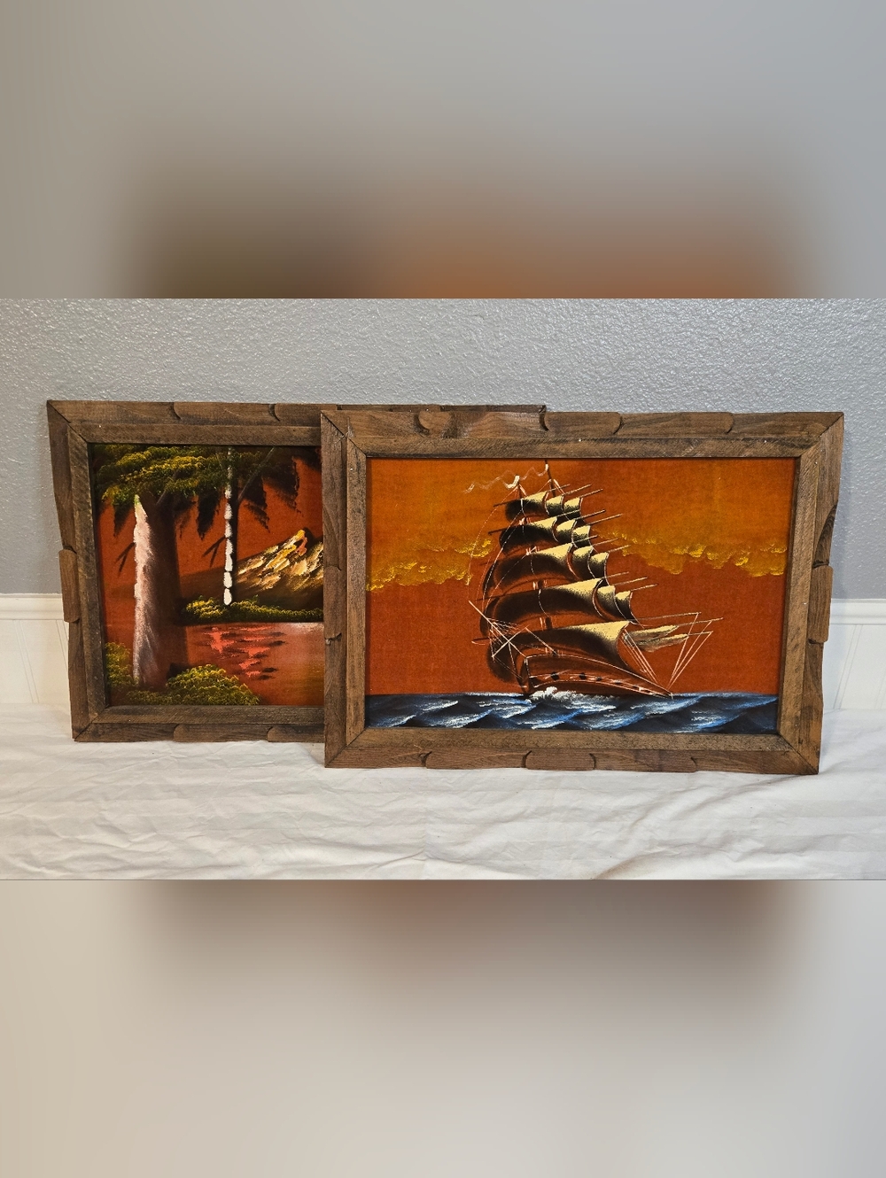 Vintage Velvet Ship & Volcano Oil Paintings - Set Of 2 - Picture 3 of 5